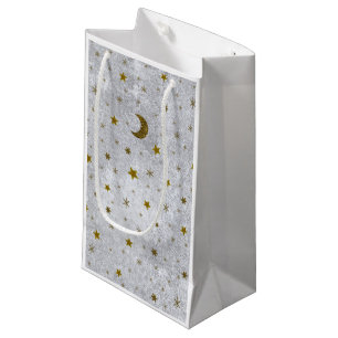 Abstract silver paper with gold stars, moon small gift bag