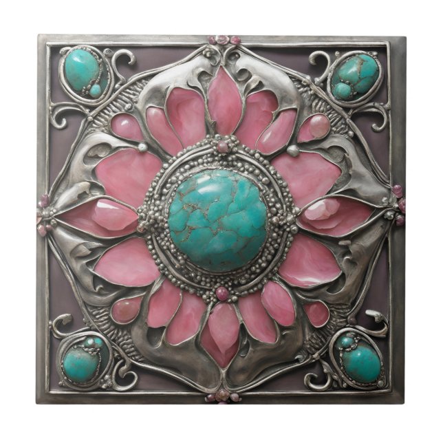 Abstract Silver Pink and turquoise Mosaic Art Ceramic Tile (Front)