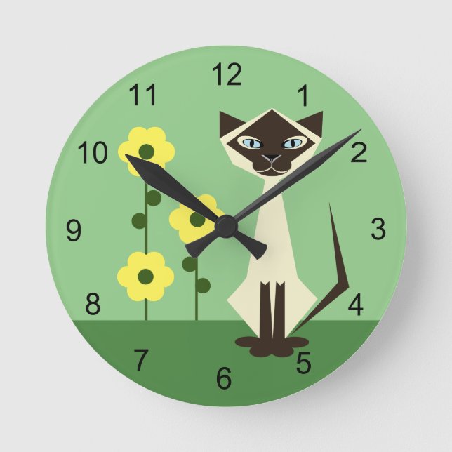 Abstract Sitting Cat and Flower Green Round Clock (Front)
