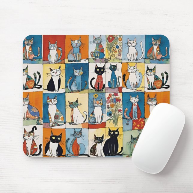 Abstract Sitting Cats Floral Patchwork Mouse Pad (With Mouse)