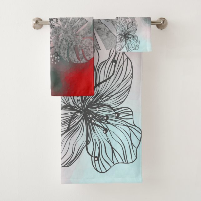 Abstract sketched flowers leaves floral gradient p bath towel set (Insitu)