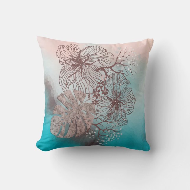 Abstract sketched flowers leaves floral gradient p cushion (Front)