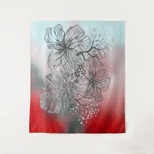 Abstract sketched flowers leaves floral gradient p tapestry (Front)
