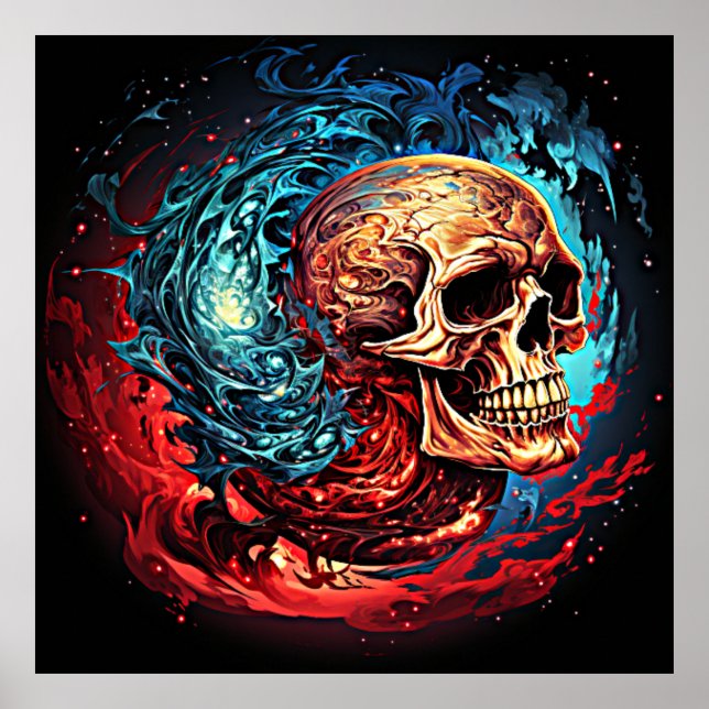 Abstract Skull Blue and Red Flames Poster (Front)