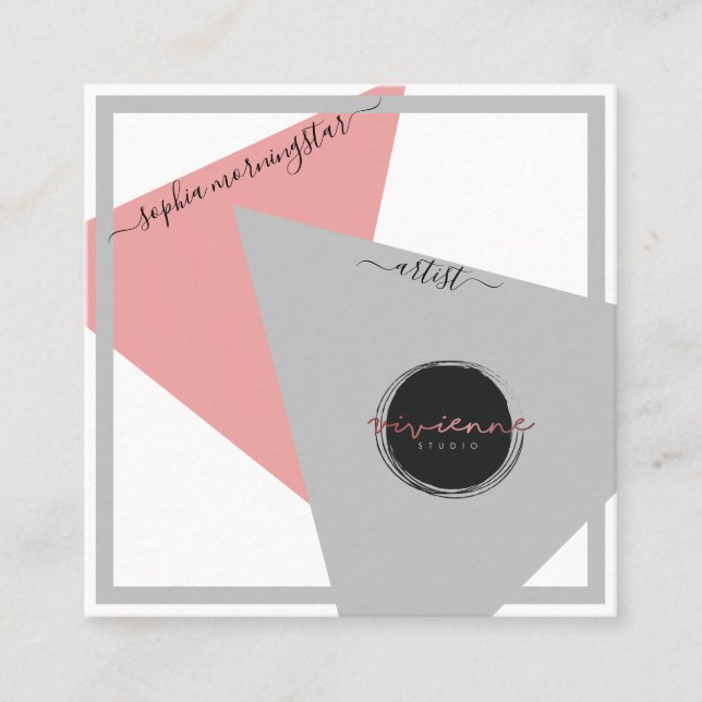 Abstract Social Media Geometric Pink and Grey Square Business Card (Front)