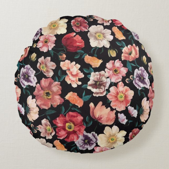 abstract solid flowers full arrangement, all over  round cushion (Front)