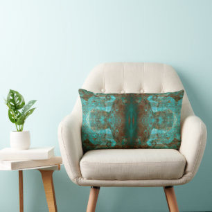 Abstract South Western Boho Rust Teal Mirrored Lumbar Cushion