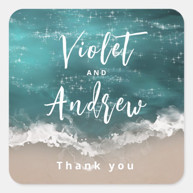 Abstract sparkling moody ocean beach wedding favou square sticker (Front)