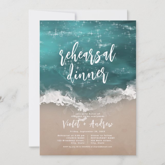 Abstract sparkling moody ocean Rehearsal Dinner Invitation (Front)