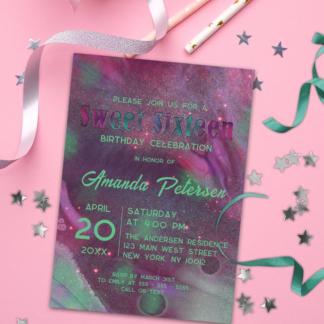 Abstract Sparkly Glam Magenta Green Sweet Sixteen Invitation (Creator Uploaded)