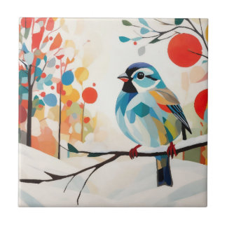 Abstract Sparrow In Whimsical Winter Forest Ceramic Tile