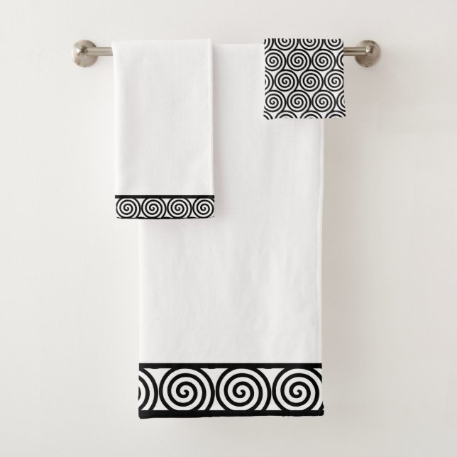 Abstract Spiral Circles in Black & White Bath Towel Set (Insitu)