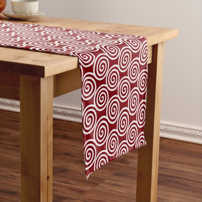 Abstract Spiral Circles in Burgundy & White Short Table Runner (In Situ)