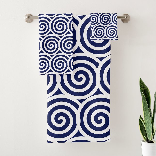 Abstract Spiral Circles in Navy Blue & White Bath  Bath Towel Set (Creator Uploaded)