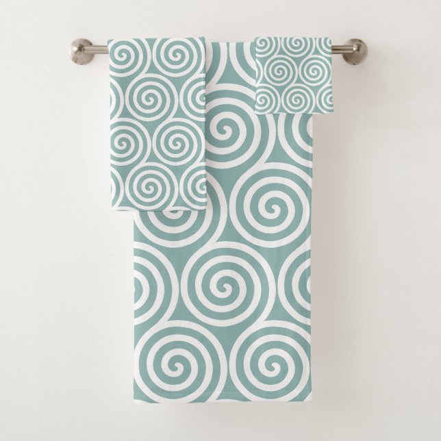 Abstract Spiral Circles in Silvery Blue & White Bath Towel Set (Insitu)
