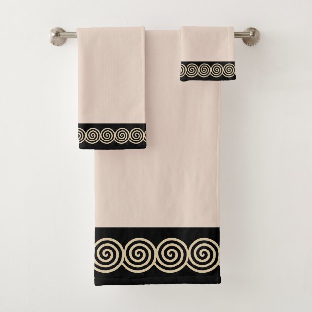 Abstract Spiral Circles on Black & Beige Bath Towe Towel Set (Insitu)