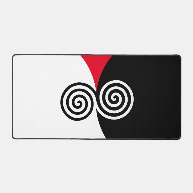 Abstract Spiral Circles on Black Red & White Desk Mat (Front)
