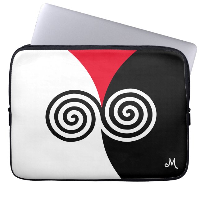 Abstract Spiral Circles on Black Red & White Laptop Sleeve (Front)