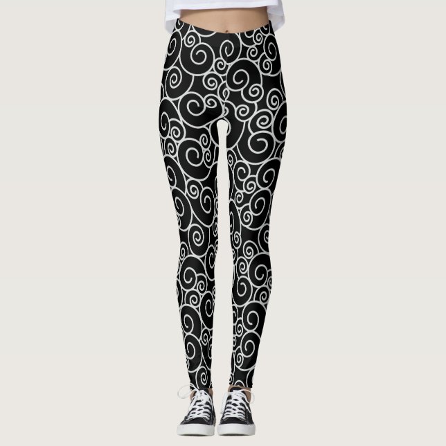 Abstract Spiral Twirly Swirly Pattern Black White Leggings (Front)