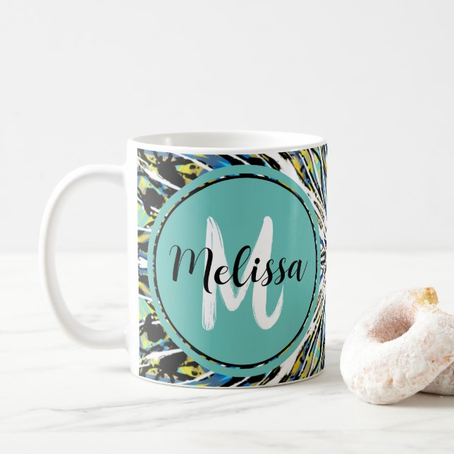 Abstract Splatter Art Pretty Teal & White Monogram Coffee Mug (With Donut)