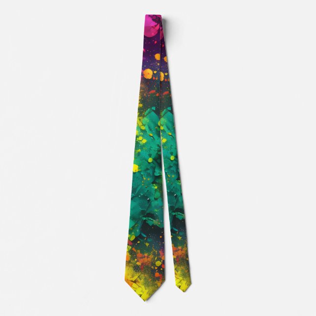 Abstract Splatter Paint Rainbow, Cosmic Galaxy art Tie (Front)