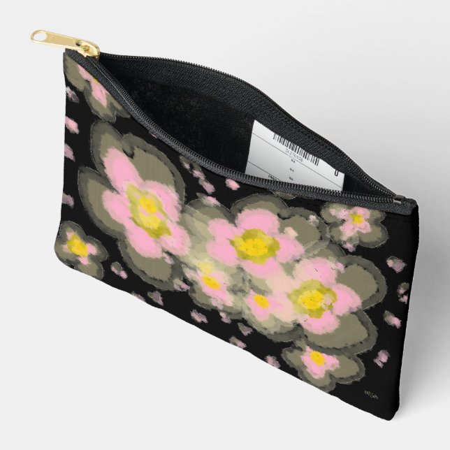 Abstract Spring Flowers Pink Black Accessory Pouch (Open)