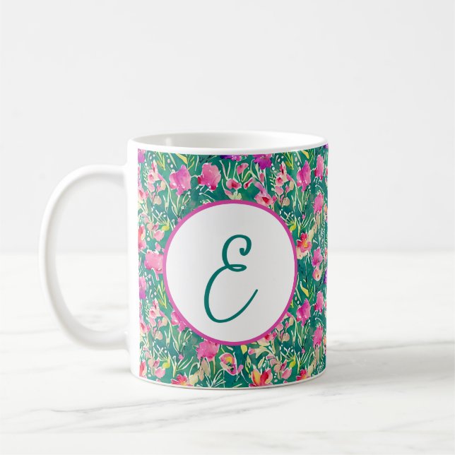 Abstract spring watercolor floral pattern monogram coffee mug (Left)