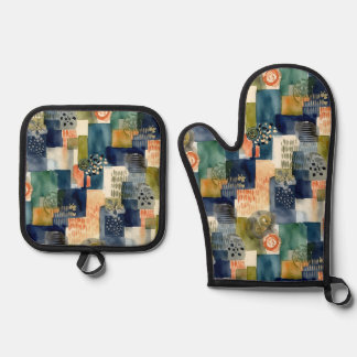 Abstract sqare patterns oven mitt & pot holder set