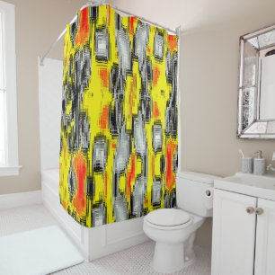 Abstract squares formed from scratches over yellow shower curtain