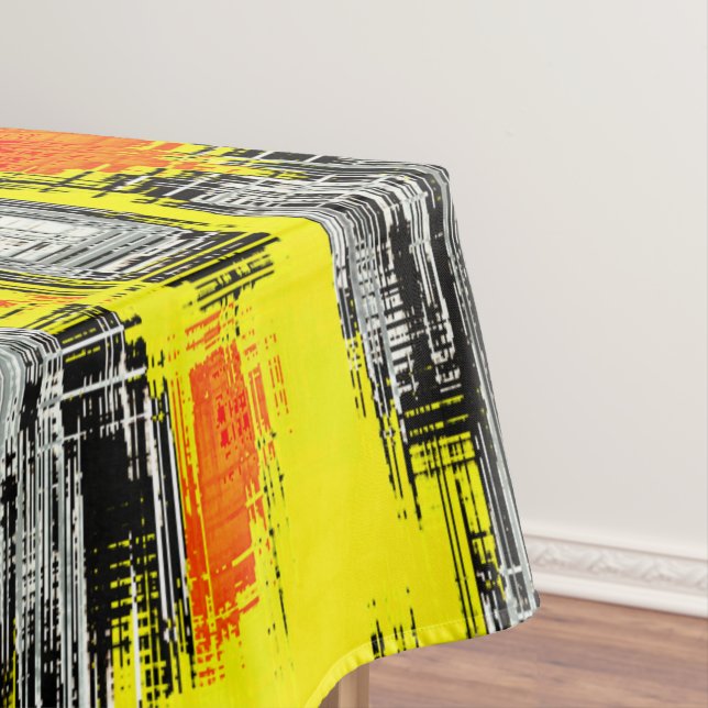 Abstract squares formed from scratches over yellow tablecloth (In Situ)