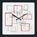 Abstract Squares Mid Century Red Blue Green Yellow Square Wall Clock<br><div class="desc">This funky mid-century modern clock features dark red,  light blue,  soft green,  and yellow abstract squares and rectangles. It's highlighted by thin black abstract squares and rectangles. Add a pop of retro fun to your home decor!</div>