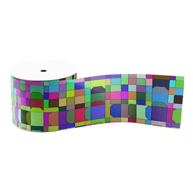 Abstract Squares Shapes Multicolor Pattern Grosgrain Ribbon (Spool)