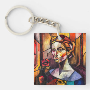 Abstract Stained Glass Woman Portrait with Rose Key Ring
