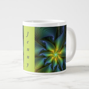 Abstract Star, Blue Green Golden Fractal Art Name Large Coffee Mug