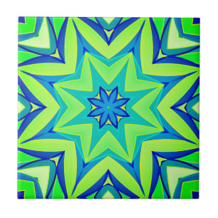 Abstract Star Geometric - Lime Green and Blue   Ceramic Tile