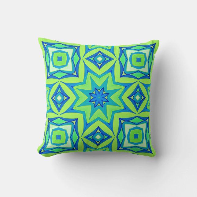 Abstract Star Geometric - Lime Green and Blue  Cushion (Front)