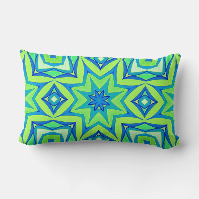Abstract Star Geometric - Lime Green and Blue  Lumbar Cushion (Back)