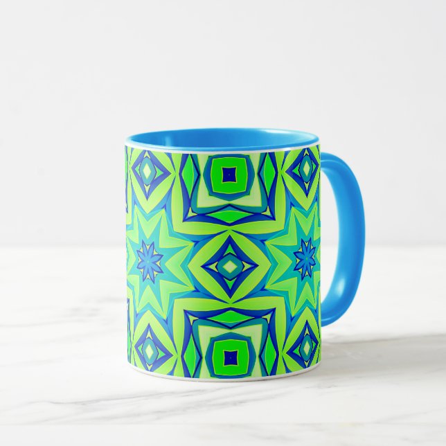 Abstract Star Geometric - Lime Green and Blue   Mug (Front Right)