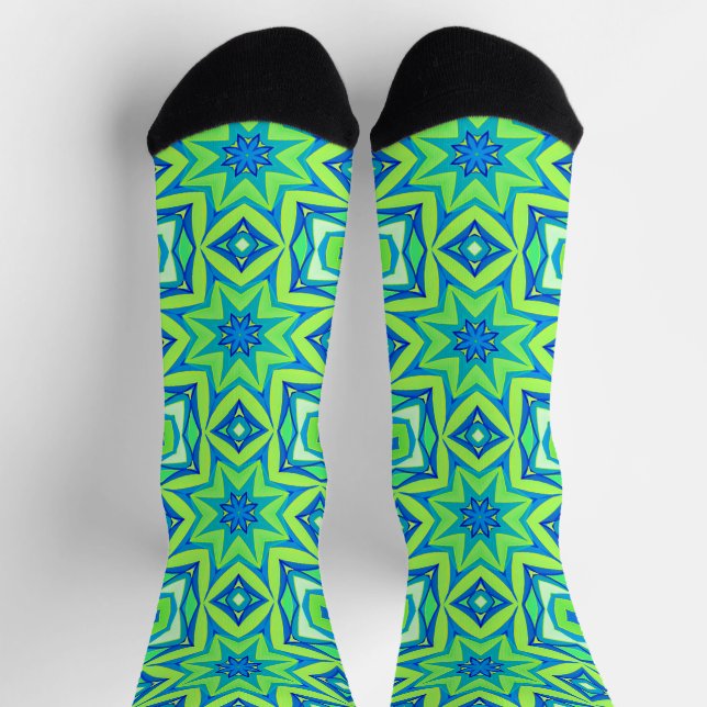 Abstract Star Geometric - Lime Green and Blue   Socks (Top)