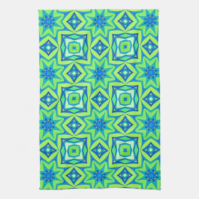 Abstract Star Geometric - Lime Green and Blue  Tea Towel (Vertical)