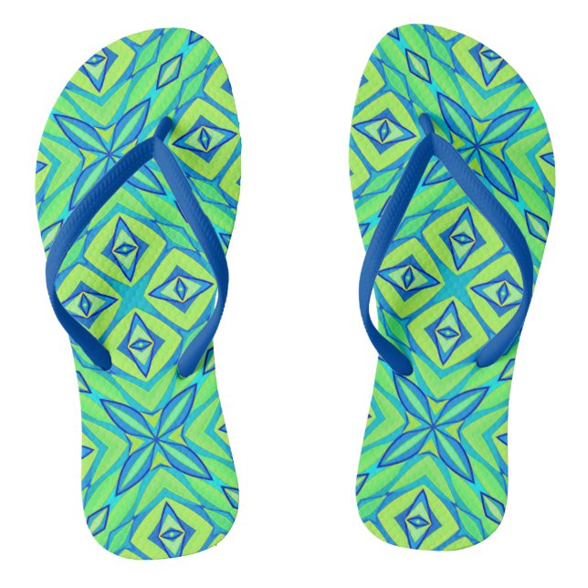 Abstract Star Geometric - Lime Green and Blue   Thongs (Footbed)