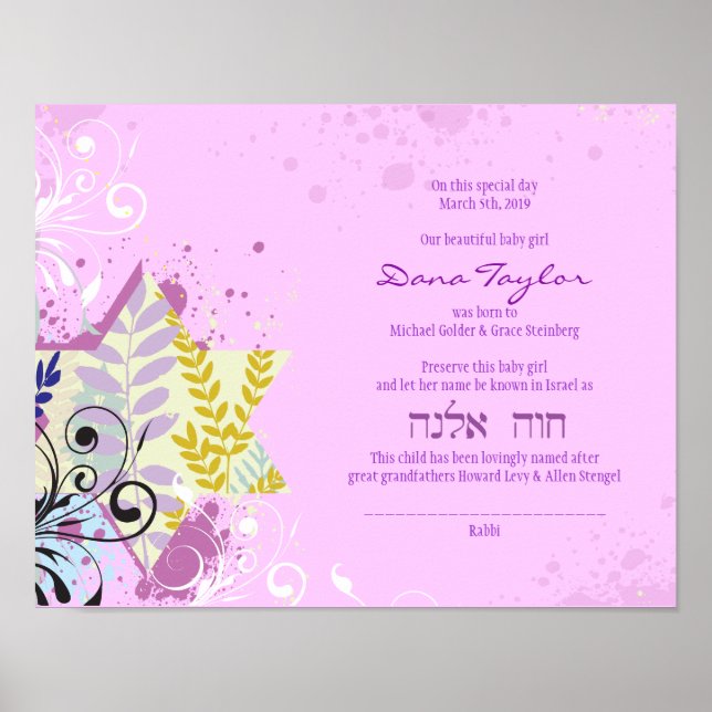 Abstract Star Jewish Baby Naming Birth Certificate Poster (Front)