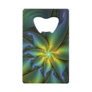 Abstract Star, Shiny Blue Green Golden Fractal Art