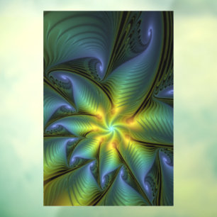 Abstract Star, Shiny Blue Green Golden Fractal Art