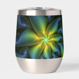 Abstract Star, Shiny Blue Green Golden Fractal Art