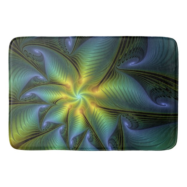 Abstract Star, Shiny Blue Green Golden Fractal Art Bath Mat (Front)