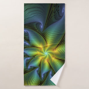 Abstract Star, Shiny Blue Green Golden Fractal Art Bath Towel