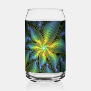 Abstract Star, Shiny Blue Green Golden Fractal Art Can Glass