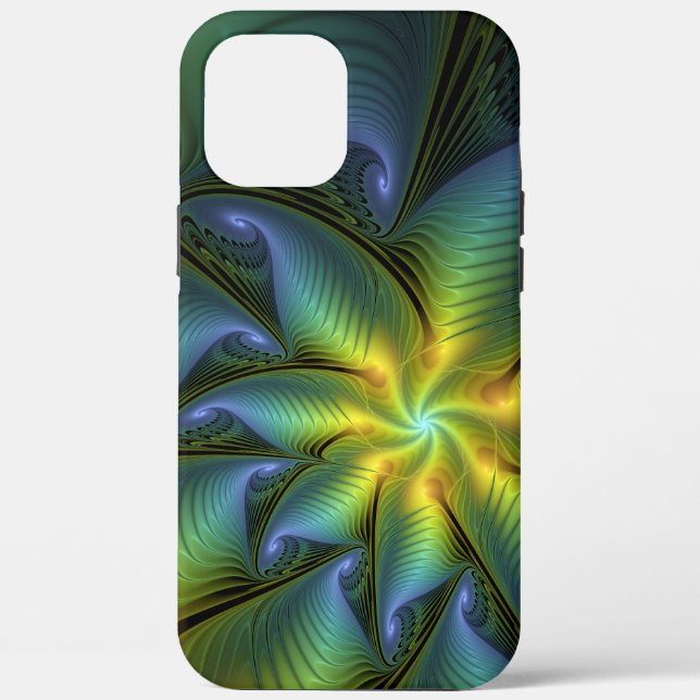 Abstract Star, Shiny Blue Green Golden Fractal Art Case-Mate iPhone Case (Back)