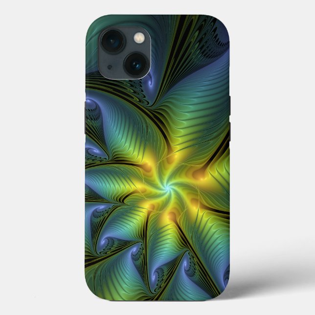 Abstract Star, Shiny Blue Green Golden Fractal Art Case-Mate iPhone Case (Back)